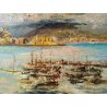 QUADRO ATTR. Davide Minetti DIPINTO MATERICO OLIO TAVOLA MARINA BARCHE BAIA