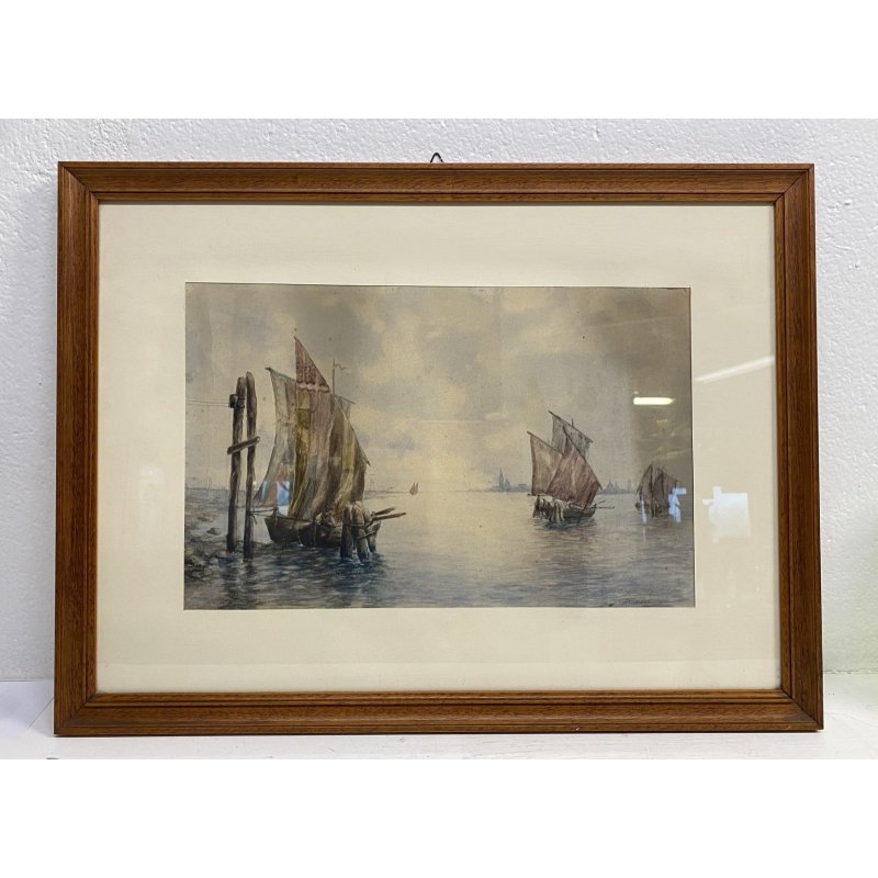 DIPINTO ACQUERELLO BARCHE VENEZIA LAGUNA SERENISSIMA SAN MARCO GIORGIO EPOCA 900