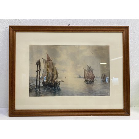 DIPINTO ACQUERELLO BARCHE VENEZIA LAGUNA SERENISSIMA SAN MARCO GIORGIO EPOCA 900