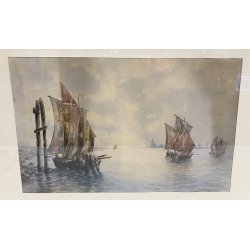 DIPINTO ACQUERELLO BARCHE VENEZIA LAGUNA SERENISSIMA SAN MARCO GIORGIO EPOCA 900