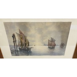 DIPINTO ACQUERELLO BARCHE VENEZIA LAGUNA SERENISSIMA SAN MARCO GIORGIO EPOCA 900