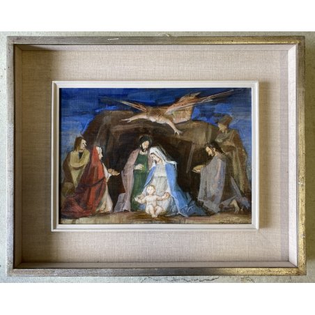 QUADRO DIPINTO OLIO Luigi Filocamo SACRA FAMIGLIA NATIVITA' REALISMO MAGICO '900