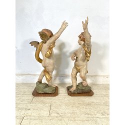 COPPIA ANTICO PUTTO BAROCCO LEGNO SCOLPITO DIPINTO DORATO 75 cm/h XVIII sec.