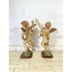 COPPIA ANTICO PUTTO BAROCCO LEGNO SCOLPITO DIPINTO DORATO 75 cm/h XVIII sec.