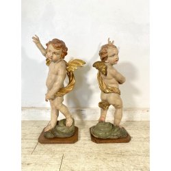 COPPIA ANTICO PUTTO BAROCCO LEGNO SCOLPITO DIPINTO DORATO 75 cm/h XVIII sec.