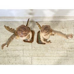 COPPIA ANTICO PUTTO BAROCCO LEGNO SCOLPITO DIPINTO DORATO 75 cm/h XVIII sec.