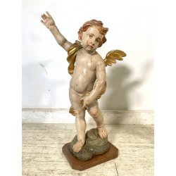 COPPIA ANTICO PUTTO BAROCCO LEGNO SCOLPITO DIPINTO DORATO 75 cm/h XVIII sec.