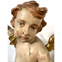 COPPIA ANTICO PUTTO BAROCCO LEGNO SCOLPITO DIPINTO DORATO 75 cm/h XVIII sec.