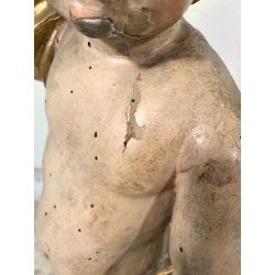 COPPIA ANTICO PUTTO BAROCCO LEGNO SCOLPITO DIPINTO DORATO 75 cm/h XVIII sec.