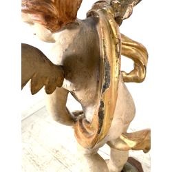 COPPIA ANTICO PUTTO BAROCCO LEGNO SCOLPITO DIPINTO DORATO 75 cm/h XVIII sec.