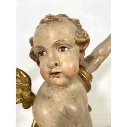 COPPIA ANTICO PUTTO BAROCCO LEGNO SCOLPITO DIPINTO DORATO 75 cm/h XVIII sec.