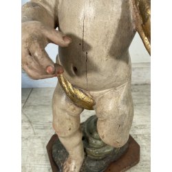 COPPIA ANTICO PUTTO BAROCCO LEGNO SCOLPITO DIPINTO DORATO 75 cm/h XVIII sec.