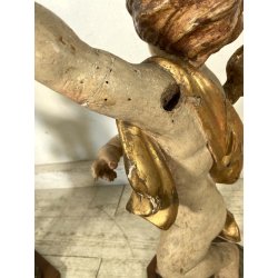 COPPIA ANTICO PUTTO BAROCCO LEGNO SCOLPITO DIPINTO DORATO 75 cm/h XVIII sec.