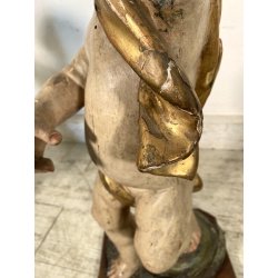COPPIA ANTICO PUTTO BAROCCO LEGNO SCOLPITO DIPINTO DORATO 75 cm/h XVIII sec.