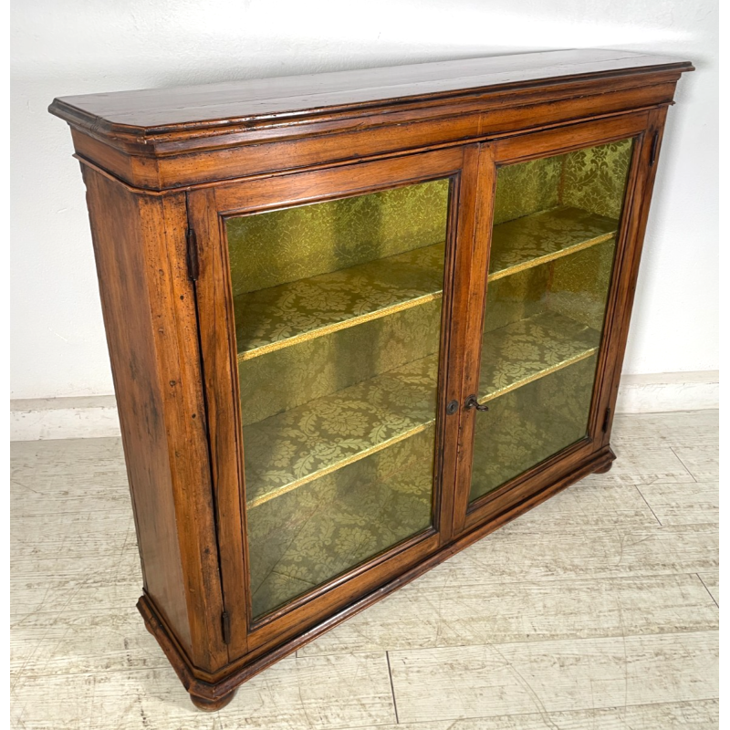 ANTICA VETRINA ESPOSITORE LEGNO NOCE EPOCA '800 CREDENZA 2 ANTE RIPIANI STOFFA