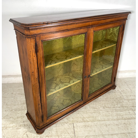 ANTICA VETRINA ESPOSITORE LEGNO NOCE EPOCA '800 CREDENZA 2 ANTE RIPIANI STOFFA