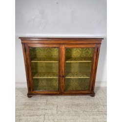 ANTICA VETRINA ESPOSITORE LEGNO NOCE EPOCA '800 CREDENZA 2 ANTE RIPIANI STOFFA