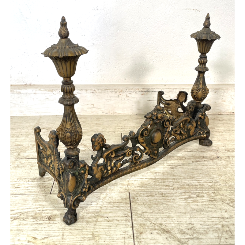 ANTICO ALARE PARA CAMINO OTTONE FUOCO EPOCA '900 FIREPLACE IRON PUTTI SCULTURA