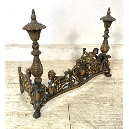 ANTICO ALARE PARA CAMINO OTTONE FUOCO EPOCA '900 FIREPLACE IRON PUTTI SCULTURA