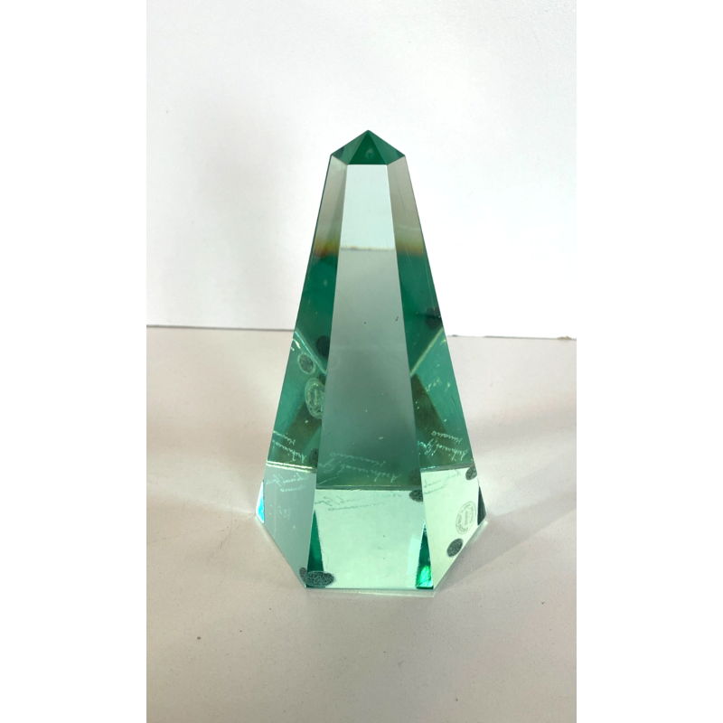 SCULTURA VETRO OBELISCO FIRMATO ARCHIMEDE SEGUSO PIRAMIDE GLASS VERDE MURANO