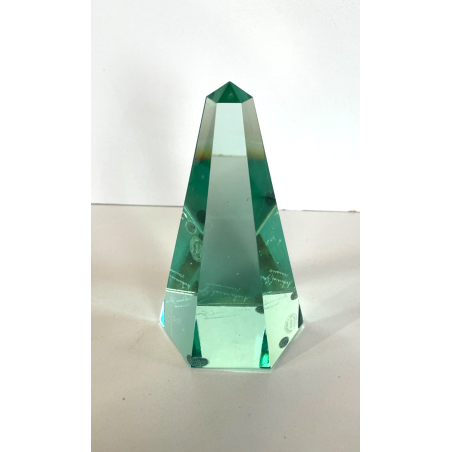 SCULTURA VETRO OBELISCO FIRMATO ARCHIMEDE SEGUSO PIRAMIDE GLASS VERDE MURANO