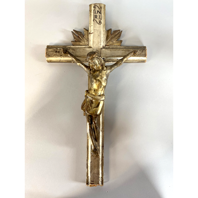 CROCIFISSO DA PARETE LEGNO FOGLIA ORO ARGENTO INRI ARTE SACRA BAROCCO XVIII/XIX