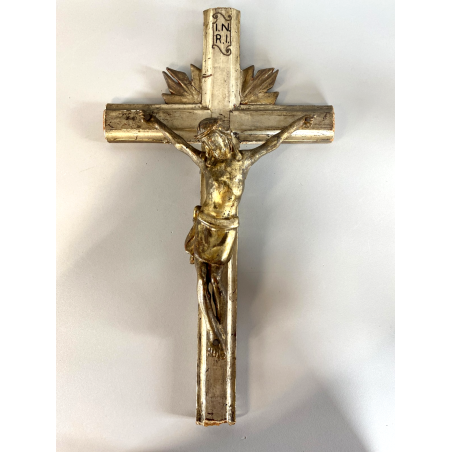 CROCIFISSO DA PARETE LEGNO FOGLIA ORO ARGENTO INRI ARTE SACRA BAROCCO XVIII/XIX