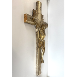 CROCIFISSO DA PARETE LEGNO FOGLIA ORO ARGENTO INRI ARTE SACRA BAROCCO XVIII/XIX