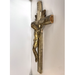 CROCIFISSO DA PARETE LEGNO FOGLIA ORO ARGENTO INRI ARTE SACRA BAROCCO XVIII/XIX