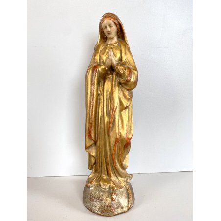ANTICA SCULTURA LEGNO DORATO VERGINE MARIA CALPESTA SERPE BASE SEMISFERA GLOBO