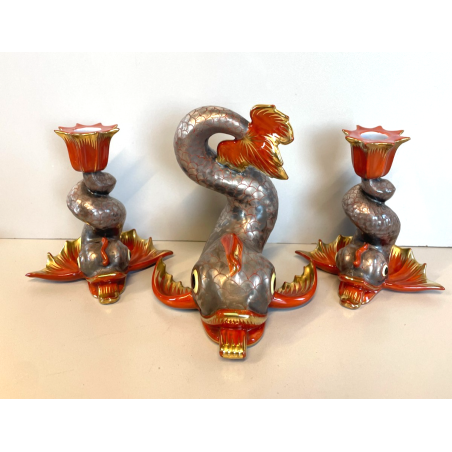 RARI ANTICHI PESCI KOI PORCELLANA FIRMATI HEREND FISHNET ORO ZECCHINO CARPA 1900