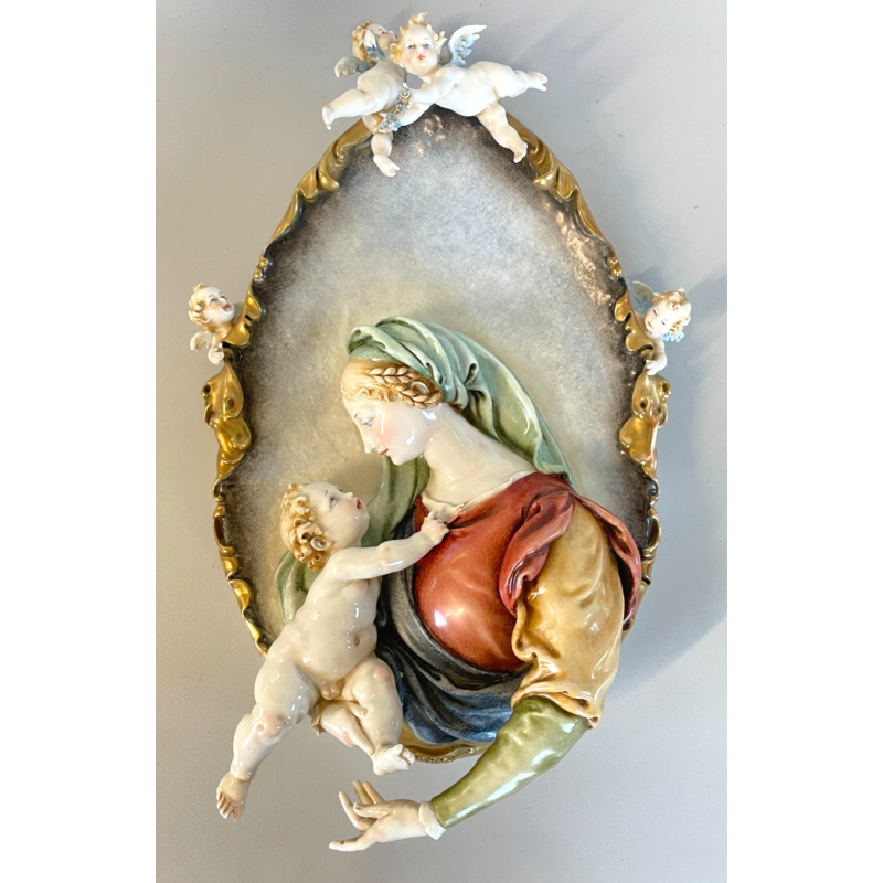 ANTICO BASSORILIEVO PORCELLANA FIRMATO Cappè CAPODIMONTE MADONNA BAMBINO PUTTI