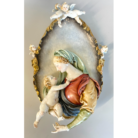 ANTICO BASSORILIEVO PORCELLANA FIRMATO Cappè CAPODIMONTE MADONNA BAMBINO PUTTI