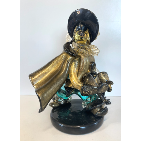 SCULTURA FIGURA MOSCHETTIERE VETRO ALFREDO MURANO BARBINI PIUMA ANNI '60 ORO