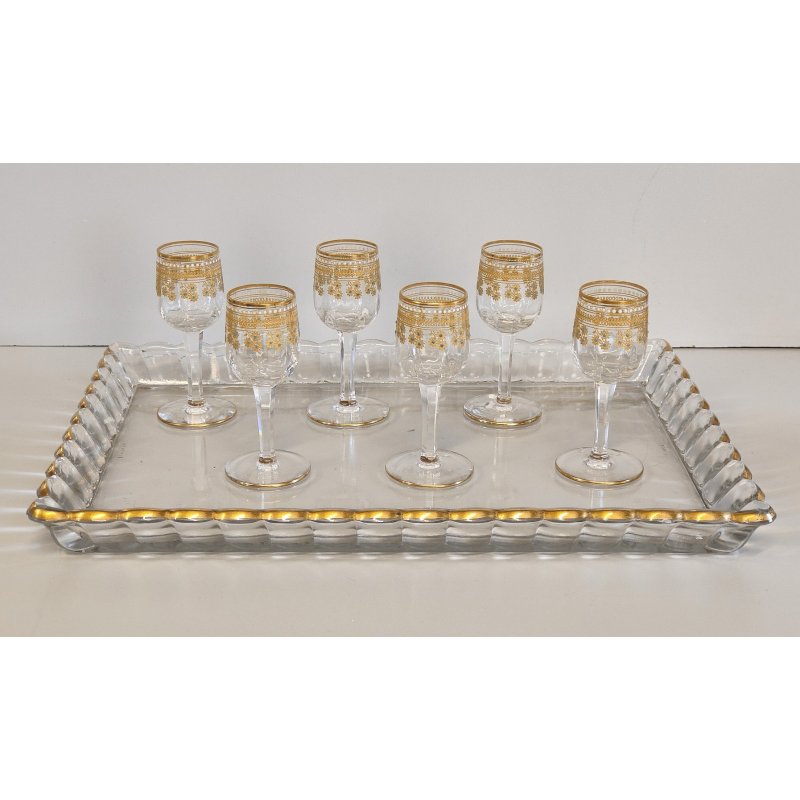 ANTICO SET ROSOLIO VASSOIO CRISTALLO Baccarat + 6 BICCHIERI DECORO ORO epoca 900