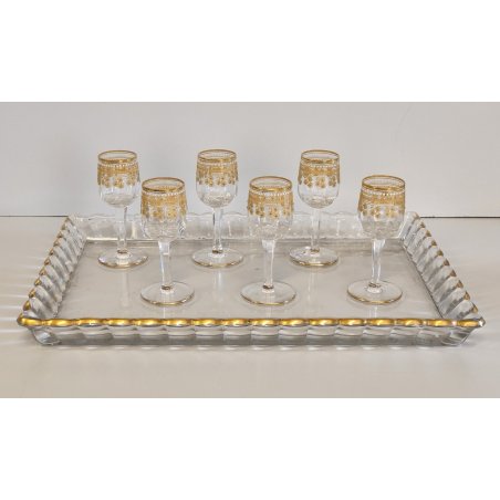 ANTICO SET ROSOLIO VASSOIO CRISTALLO Baccarat + 6 BICCHIERI DECORO ORO epoca 900