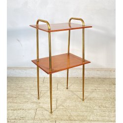 TAVOLINO DESIGN ANNI 50 LEGNO OTTONE 2 RIPIANI ETAGERE TAVOLO LIBRERIA VINTAGE