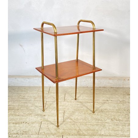 TAVOLINO DESIGN ANNI 50 LEGNO OTTONE 2 RIPIANI ETAGERE TAVOLO LIBRERIA VINTAGE