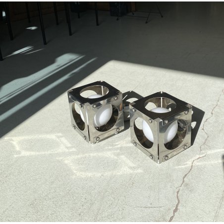 COPPIA LAMPADA TAVOLO CUBICA ACCIAIO SFERA VETRO ABATJOUR DESIGN BRUTALISTA '70s