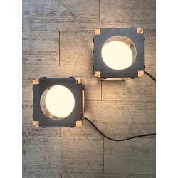 COPPIA LAMPADA TAVOLO CUBICA ACCIAIO SFERA VETRO ABATJOUR DESIGN BRUTALISTA '70s