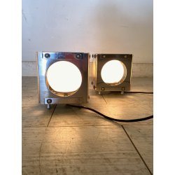 COPPIA LAMPADA TAVOLO CUBICA ACCIAIO SFERA VETRO ABATJOUR DESIGN BRUTALISTA '70s