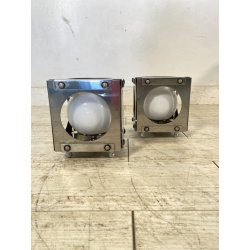 COPPIA LAMPADA TAVOLO CUBICA ACCIAIO SFERA VETRO ABATJOUR DESIGN BRUTALISTA '70s