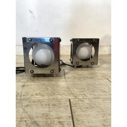 COPPIA LAMPADA TAVOLO CUBICA ACCIAIO SFERA VETRO ABATJOUR DESIGN BRUTALISTA '70s