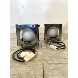 COPPIA LAMPADA TAVOLO CUBICA ACCIAIO SFERA VETRO ABATJOUR DESIGN BRUTALISTA '70s