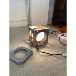 COPPIA LAMPADA TAVOLO CUBICA ACCIAIO SFERA VETRO ABATJOUR DESIGN BRUTALISTA '70s