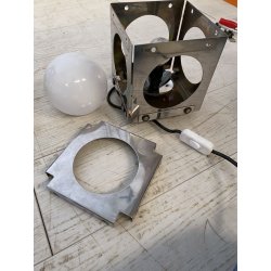 COPPIA LAMPADA TAVOLO CUBICA ACCIAIO SFERA VETRO ABATJOUR DESIGN BRUTALISTA '70s