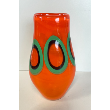 VASO VETRO MURANO FIRMATO FORMENTELLO DESIGN VINTAGE ANNI '70 ARANCIONE VERDE