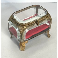 ANTICO SCRIGNO cofanetto PORTAGIOIE in VETRO BISELLATO francese XIX sec OTTONE