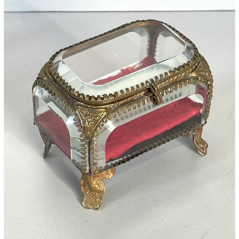 ANTICO SCRIGNO cofanetto PORTAGIOIE in VETRO BISELLATO francese XIX sec OTTONE