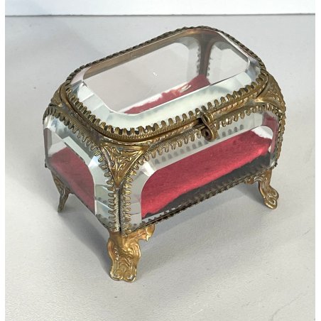 ANTICO SCRIGNO cofanetto PORTAGIOIE in VETRO BISELLATO francese XIX sec OTTONE